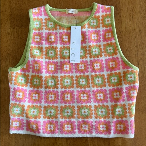 Vici Tops - VICI Floral Crochet Knit Tank - Pink, Orange & Lime